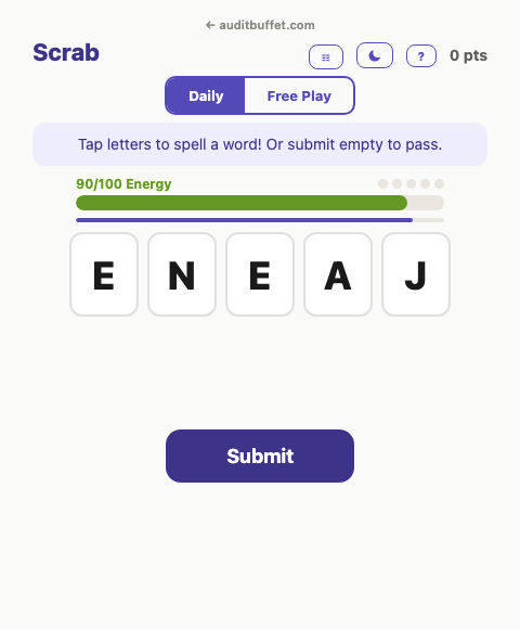 Scrab word game showing letter tiles and scoring